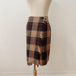 VINTAGE Wool Wrap Fringe Brown Tan Knee Length Skirt Medium